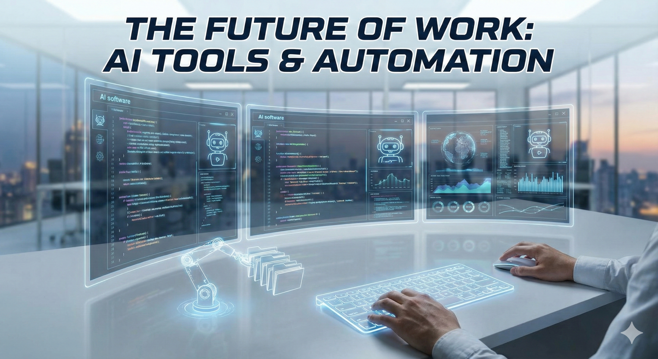 Futuristic workspace showing AI tools automating tasks on multiple screens