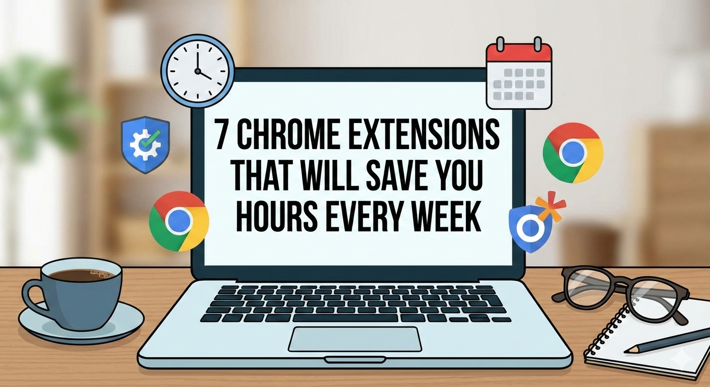 Laptop screen displaying various productivity chrome extensions in action