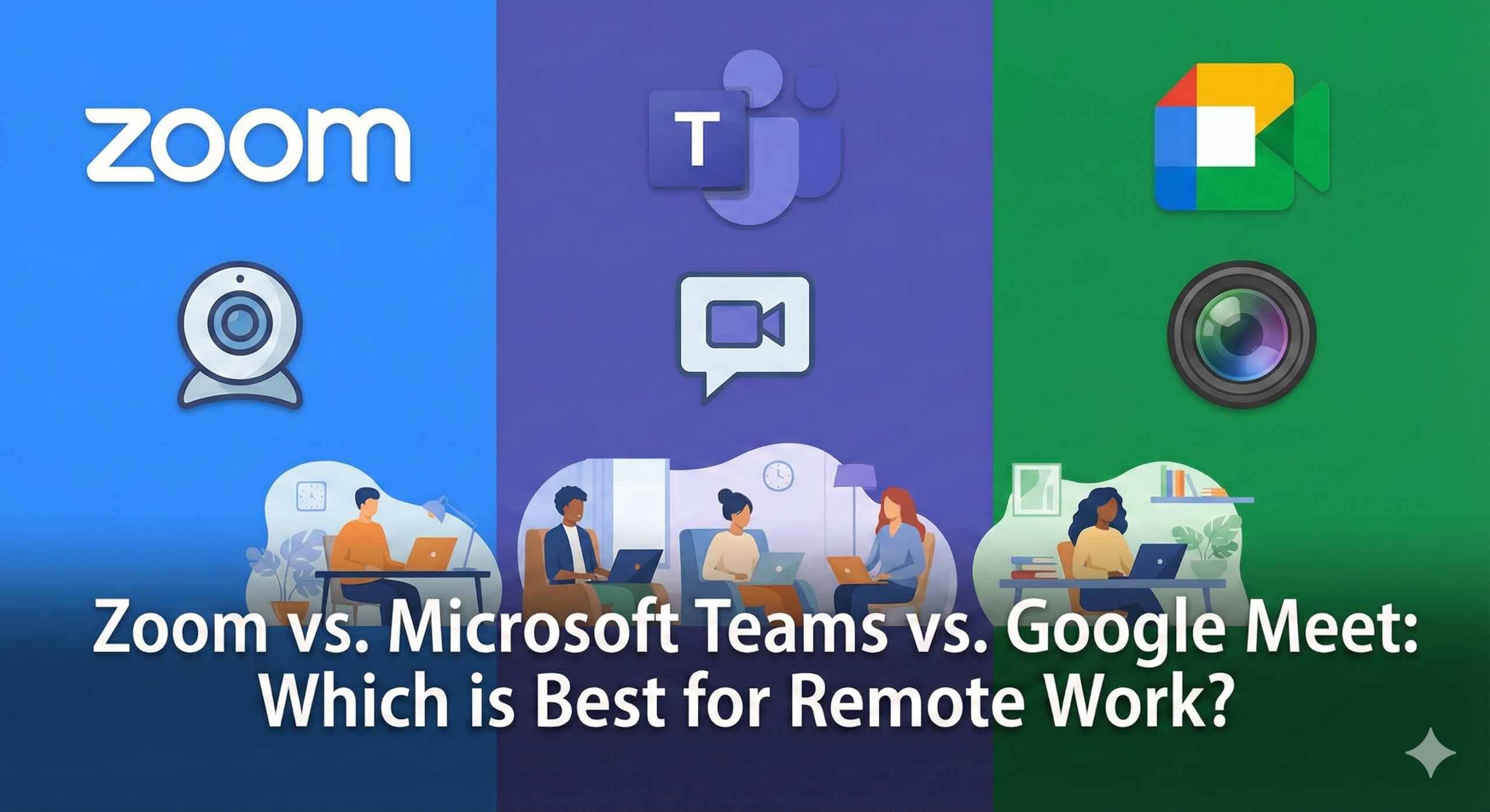 Split screen showing the interfaces of Zoom, Microsoft Teams, and Google Meet