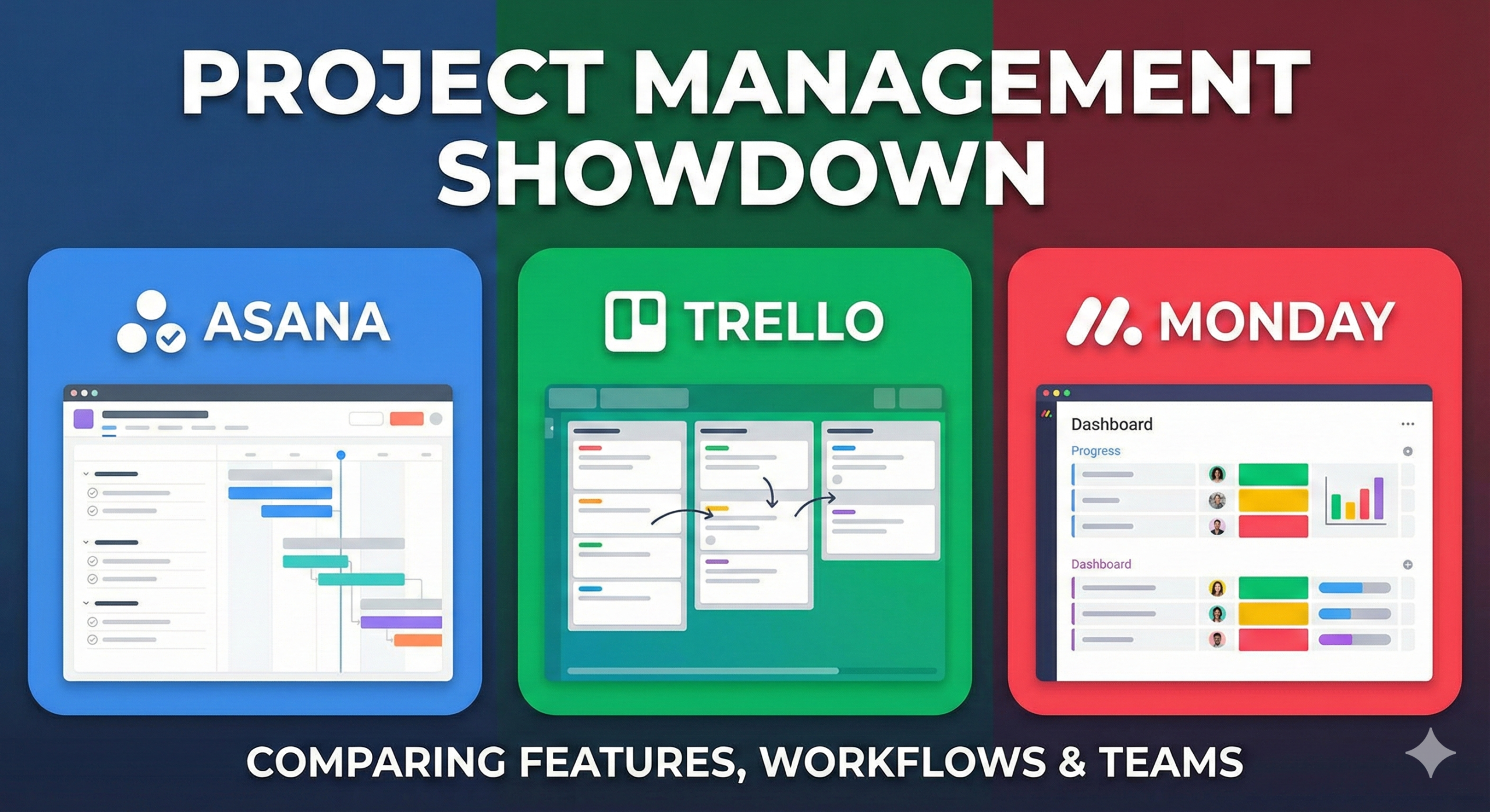 Comparison illustration of Asana, Trello, and Monday interfaces