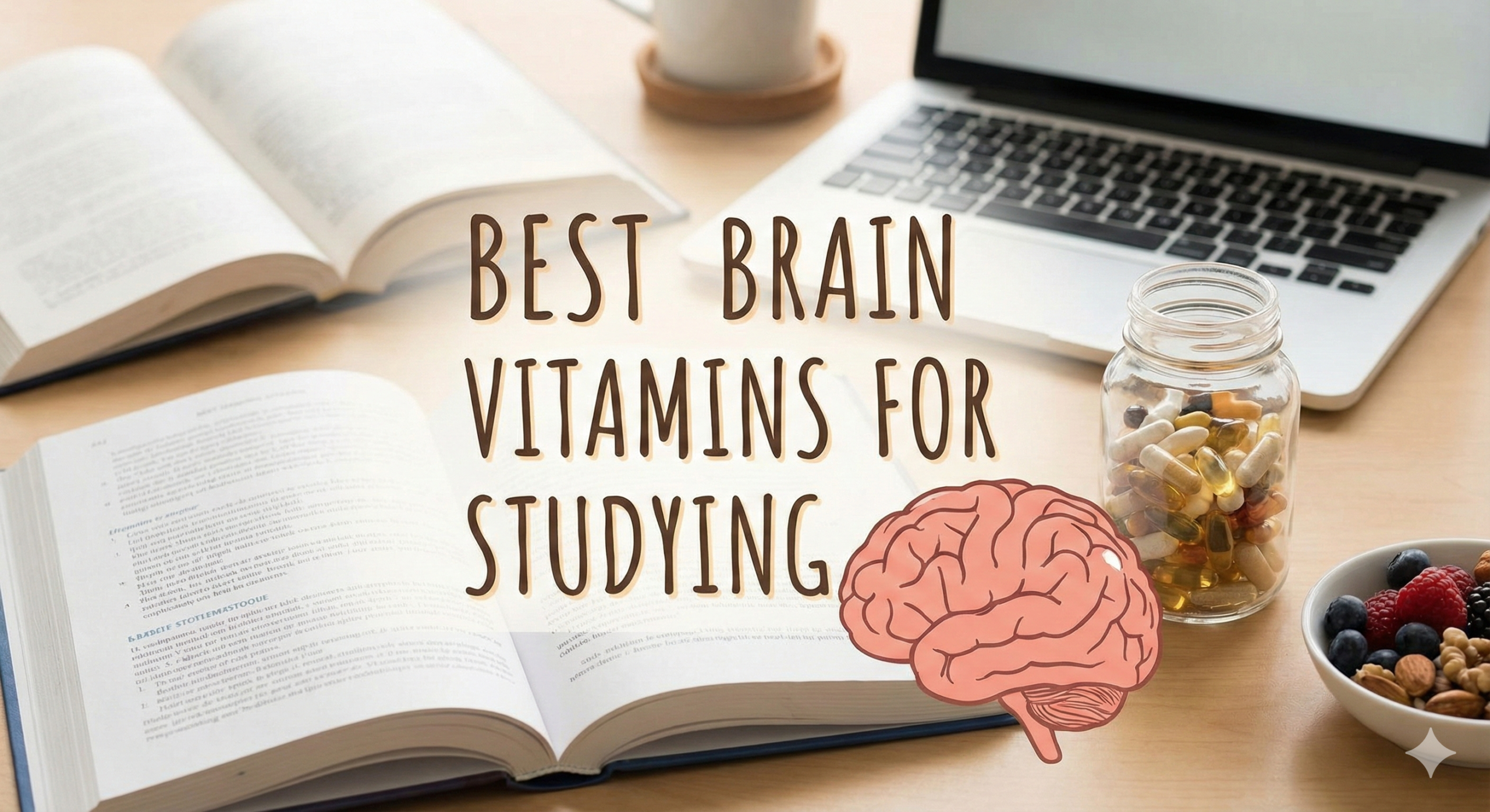 Student studying with focus, surrounded by healthy brain foods and vitamins