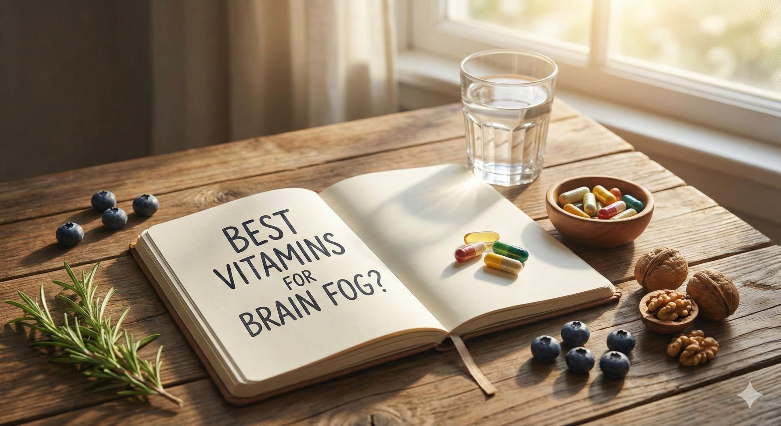 Conceptual image of brain fog clearing with vitamins, healthy food, and bright sunlight entering a room