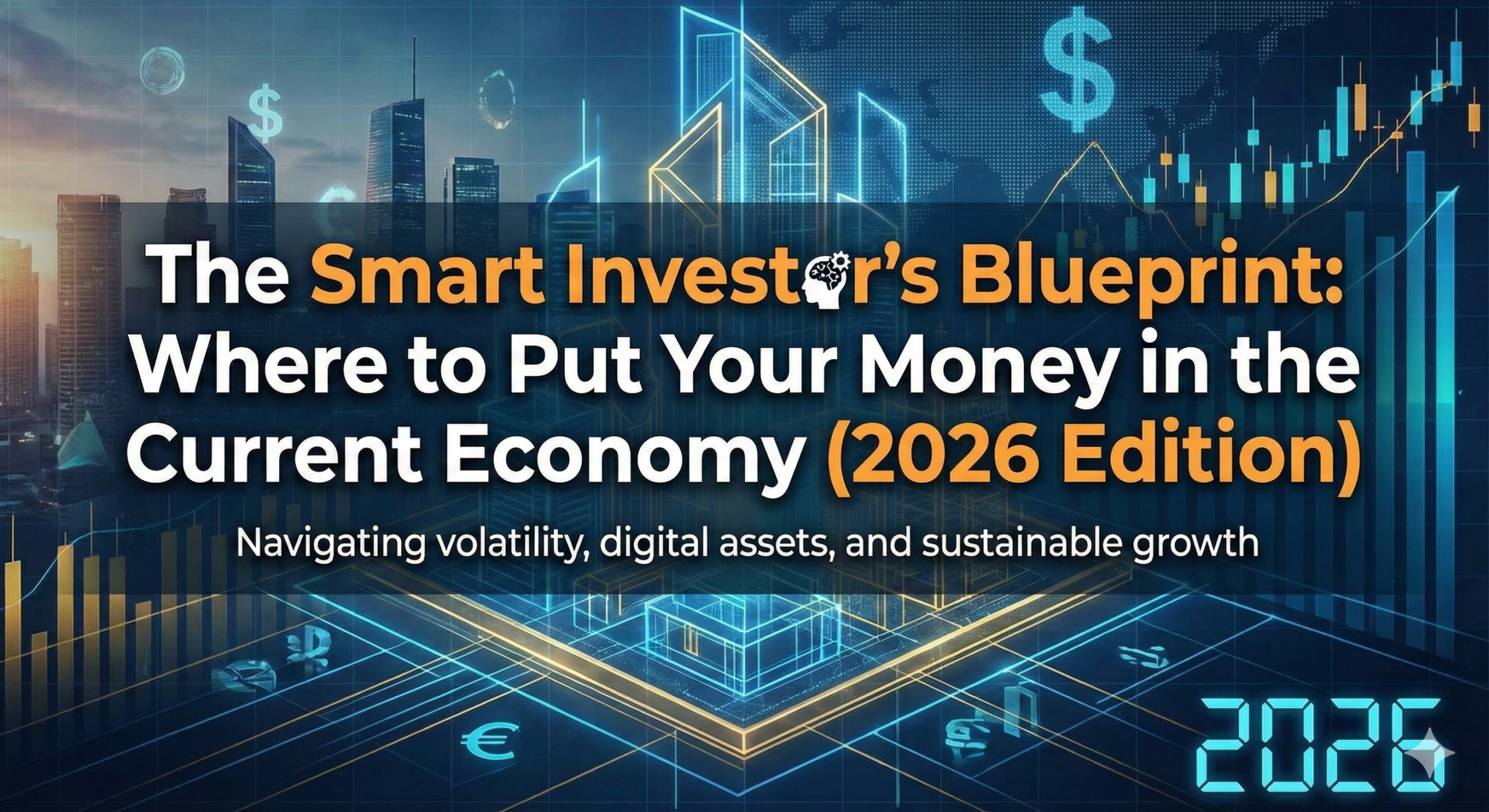 Financial charts and growth arrows overlaid on a modern city skyline
